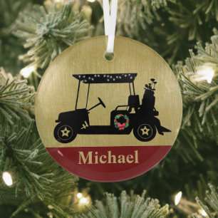 Unique Christmas Golf Cart with Clubs First Name Glass Tree Decoration
