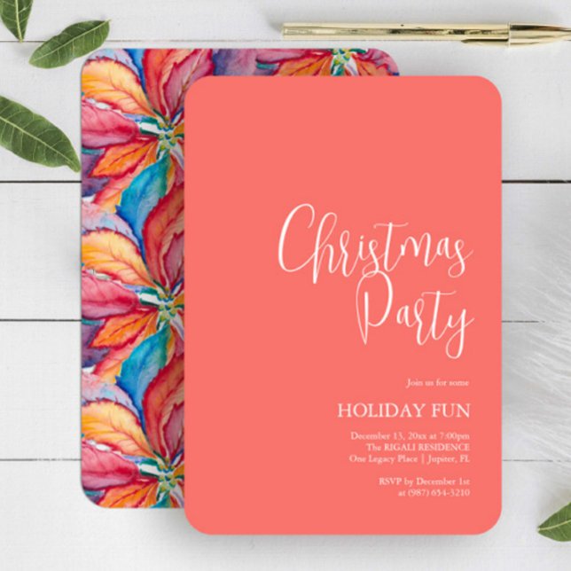 Unique Christmas Invitations Orange Watercolor (Unique Christmas invitation orange watercolor poinsettia by Victoria Grigaliunas of Do Tell A Belle)