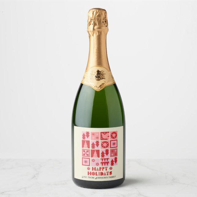 Unique christmas pink red modern sparkling  sparkling wine label (Front)