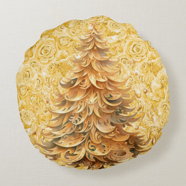 Unique Christmas Tree on Gold Roses Round Pillow (Back)