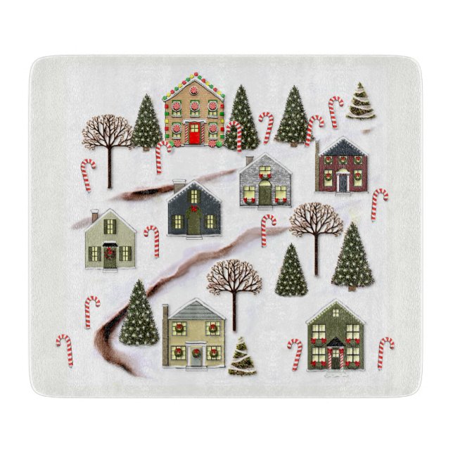 Unique Christmas Village Art Cutting Board (Front)