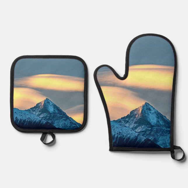 Unique Clouds Over Snow Covered Mountains Oven Mitt & Pot Holder Set (Front)