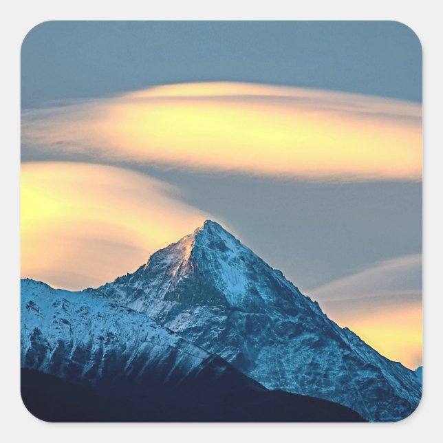 Unique Clouds Over Snow Covered Mountains Square Sticker (Front)