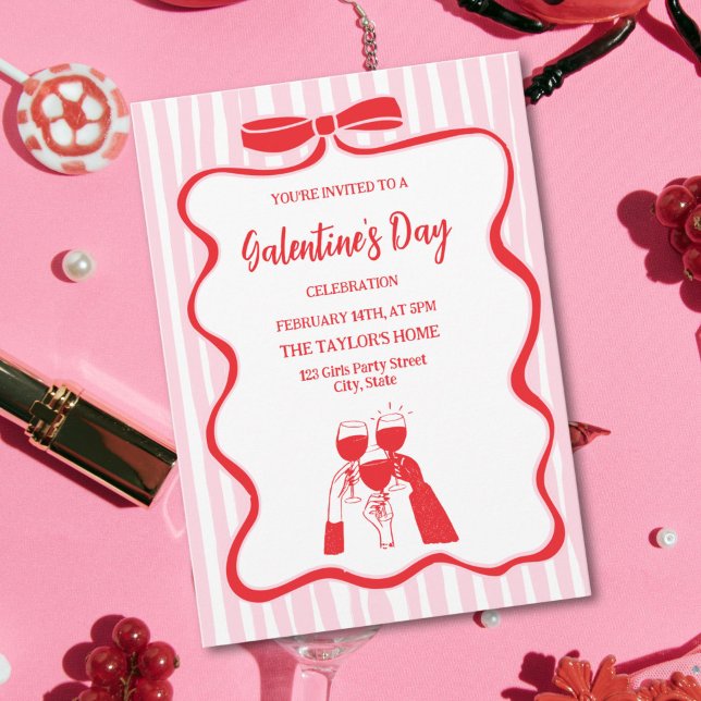 Unique Cocktail Galentine's Day Party Brunch  Invitation (pink and red bow and red doodle champagne galentine's  party invitation)