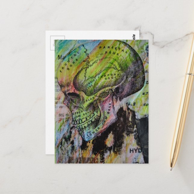Unique colorful skull bones mixed media postcard (Front/Back In Situ)