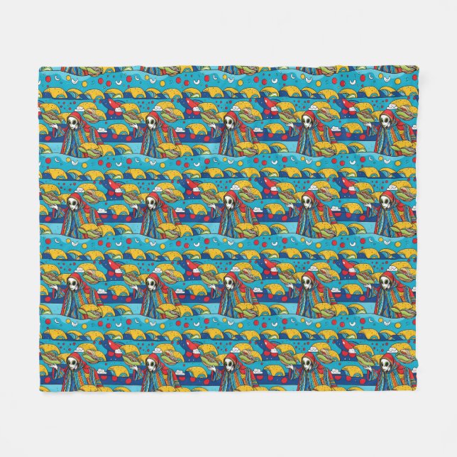 Unique Colourful Alien eating Tacos Fleece Blanket (Front (Horizontal))