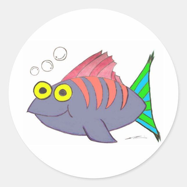Unique Colourful Fish Cartoon with Bubbles Classic Round Sticker (Front)