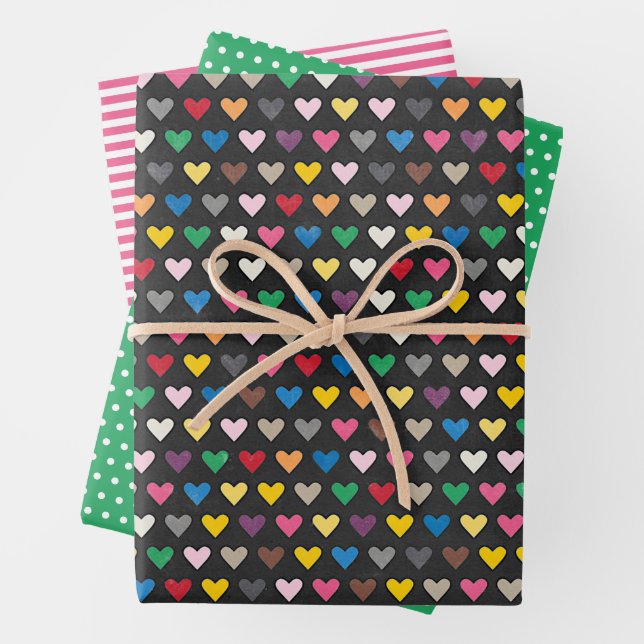 Unique Colourful Hearts Stripes Polka Dots Pattern Wrapping Paper Sheet (In situ)