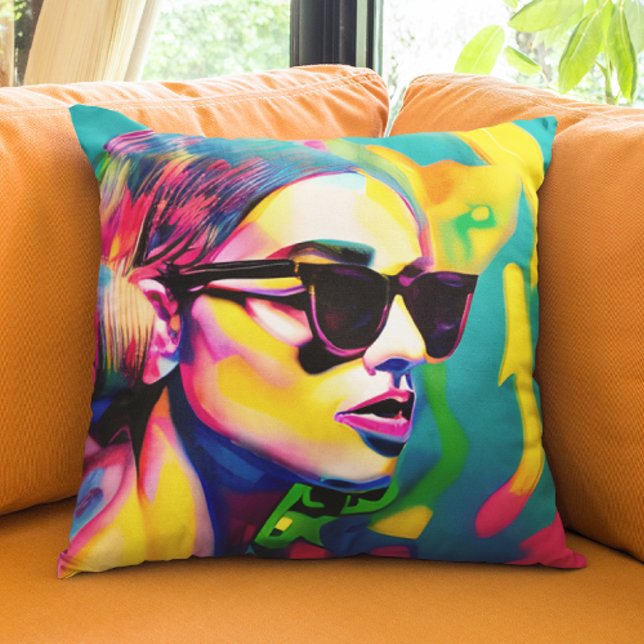 Unique Colourful Lady in Sunglasses Art Cushion (Creator Uploaded)