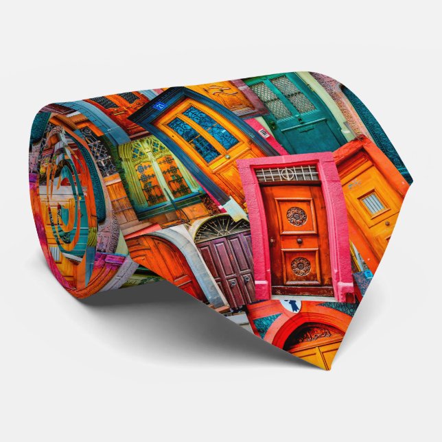 Unique Colourful Vintage Front Doors Pattern Tie (Rolled)