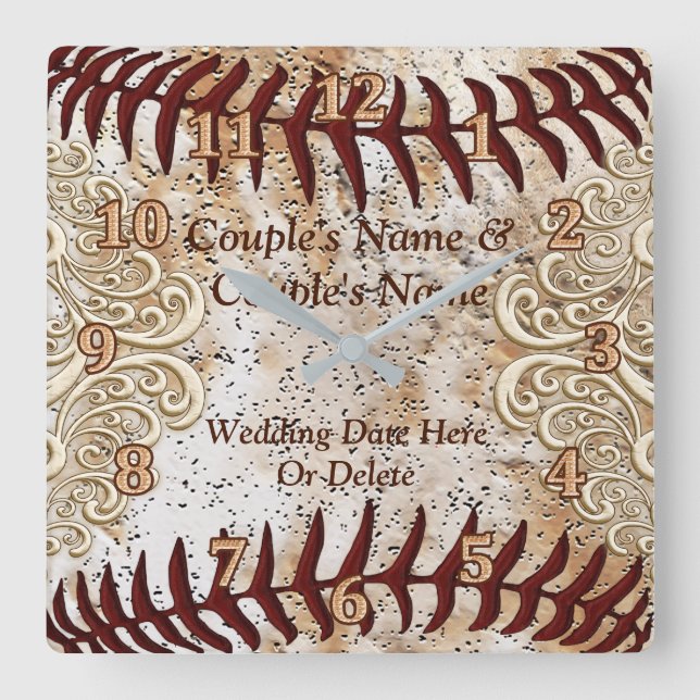 Unique Couple's PERSONALIZED Baseball Wedding Gift Square Wall Clock (Front)