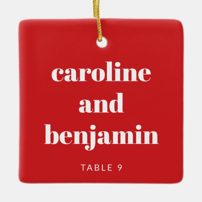 Unique Custom Place Card Christmas Wedding Red Ceramic Ornament (Front)