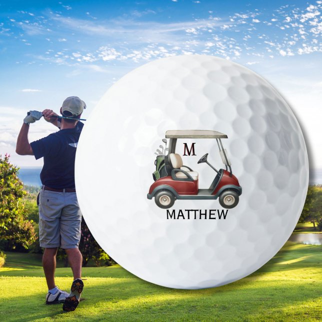 Unique Custom Red Cart Monogram Name Golf Balls (Creator Uploaded)