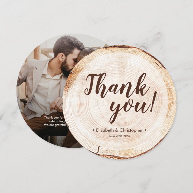 Unique Custom Rustic Wood Slice Wedding Photo Invitation (Front/Back)