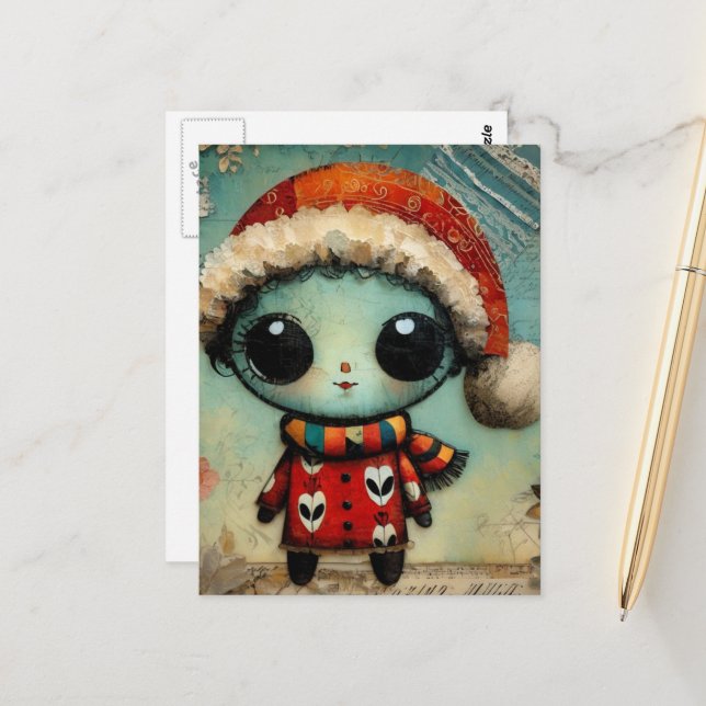 Unique Cute Christmas Alien in PJs Postcard (Front/Back In Situ)