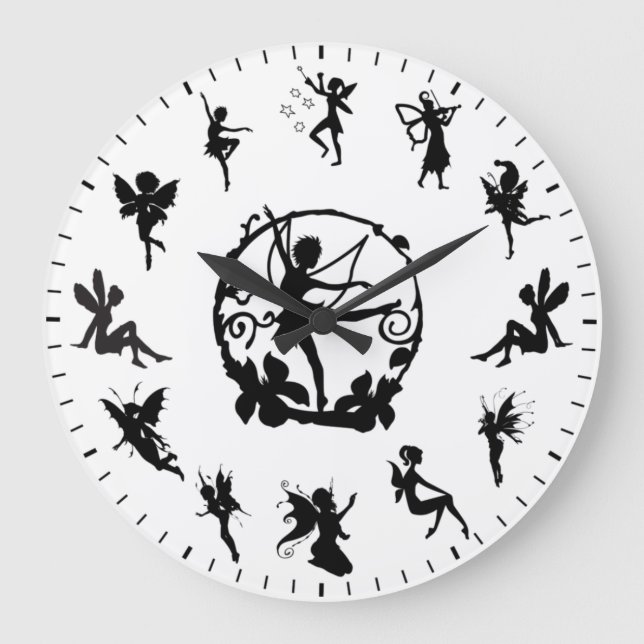 Unique Cute Fairy Black Silhouettes Themed Large Clock (Front)