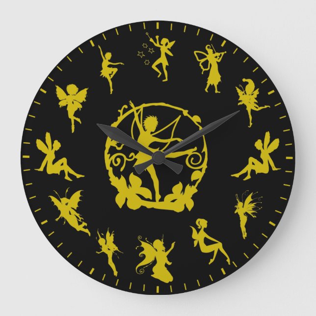 Unique Cute Fairy Gold Silhouettes Themed Large Clock (Front)