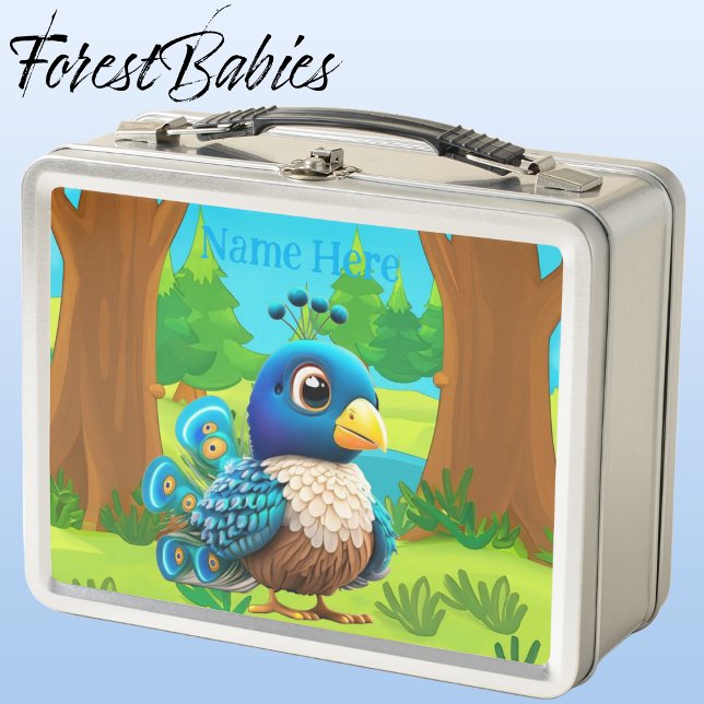 Unique Cute Whimsical Peacock Bird Cartoon Graphic Metal Lunch Box (Peacock, Silver ForestBabies Lunch Box)