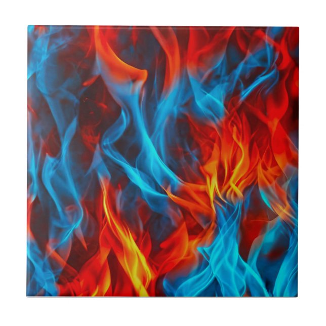 unique cyan blue red fire flame waves pattern art tile (Front)