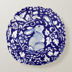 Unique Dark Blue & White Rabbit Dedham Delft Round Cushion