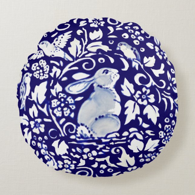 Unique Dark Blue & White Rabbit Dedham Delft Round Cushion (Front)