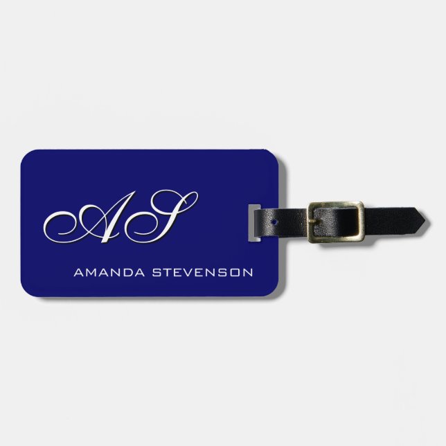 Unique Dark Blue White Script Monogram Luggage Tag (Front Horizontal)