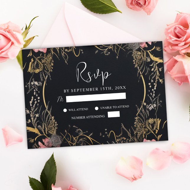 Unique Dark Gothic Black Floral Wedding RSVP Card (Unique Dark Gothic Black Floral Wedding RSVP Card)
