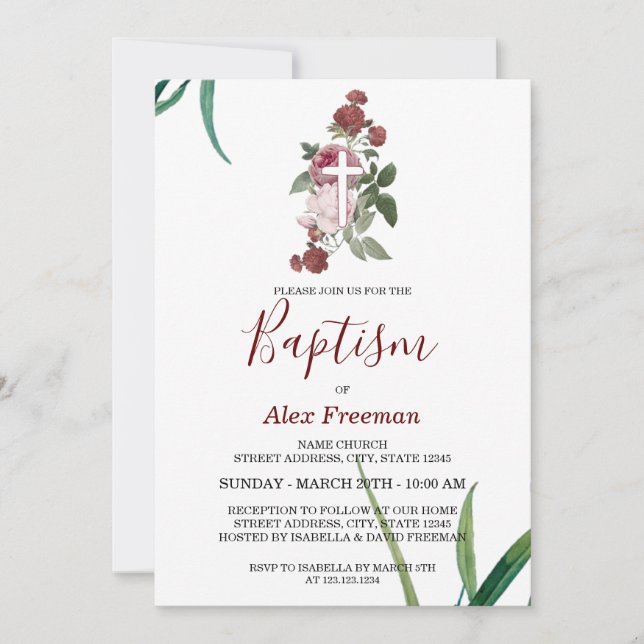 Unique Dark Red Script Floral Girl Baptism Invitation (Front)