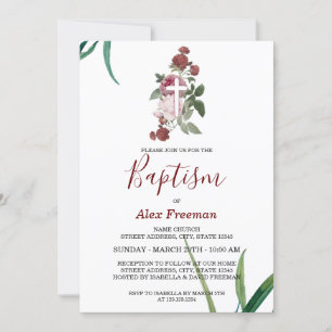 Unique Dark Red Script Floral Girl Baptism Invitation