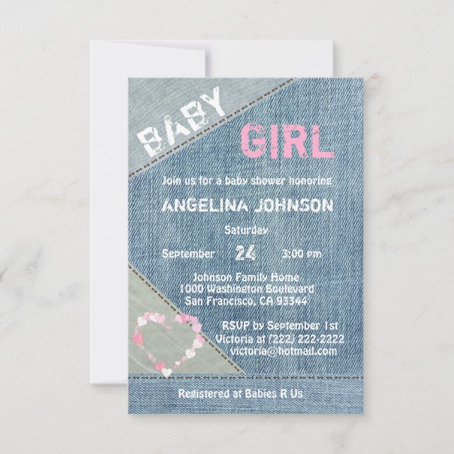 UNIQUE Denim Girls Baby Shower Invitations (Front)