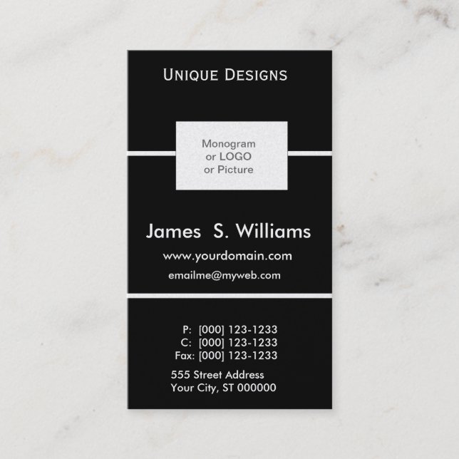 Unique DESIGNS Formal Black White Custom Box Logo Business Card (Front)