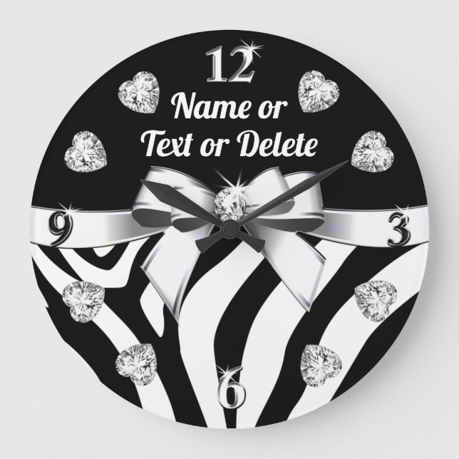 Unique Diamonds and Bow, ZEBRA PRINT Wall Clock (Front)