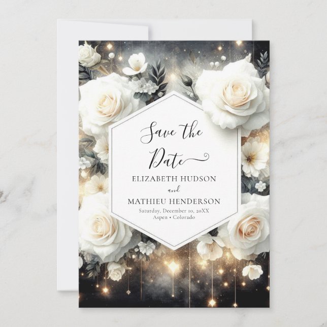 Unique Digital White Roses Wedding Save The Date (Front)