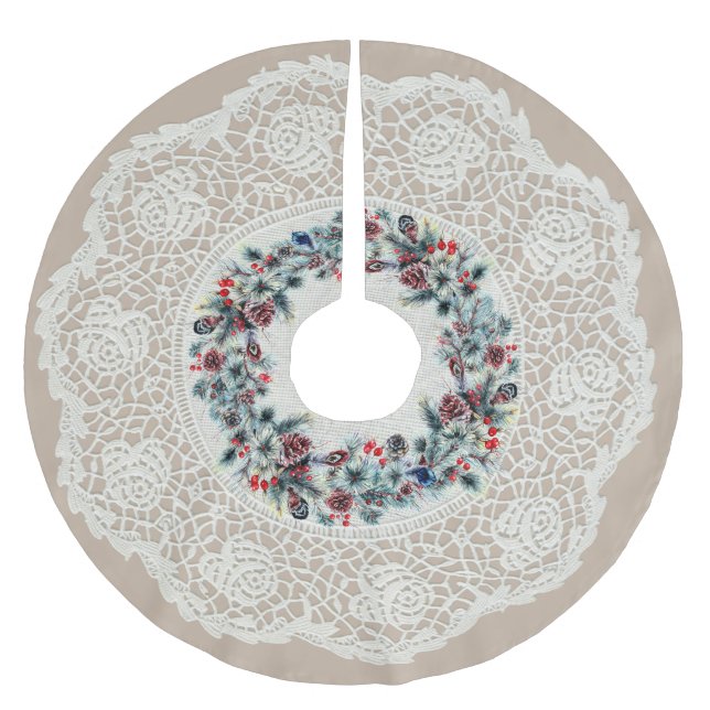 Unique "Doily" Look Winter Pine Cone Wreath Brushed Polyester Tree Skirt (Front)
