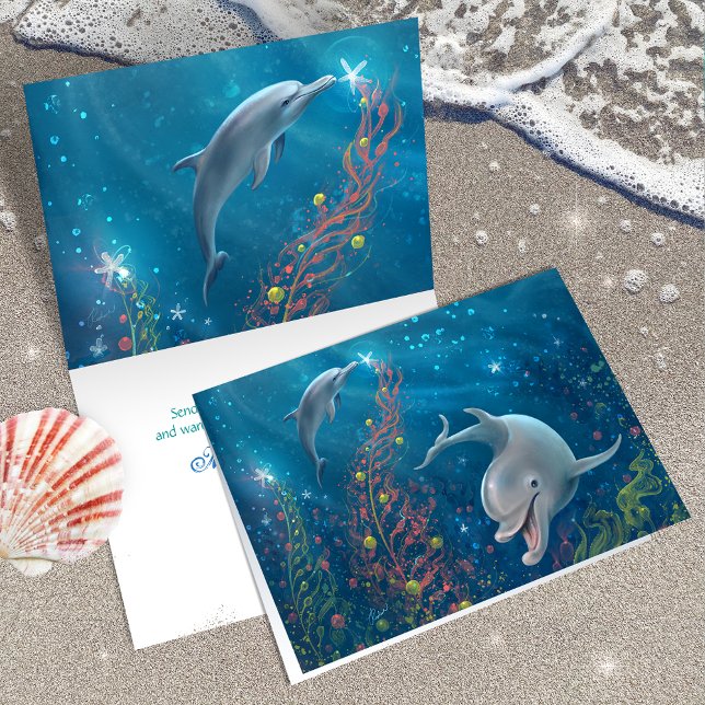 Unique Dolphin Art Merry Christmas Magical Holiday Card (Add your own custom holiday greeting to these unique,  painted dolphin Christmas cards.)