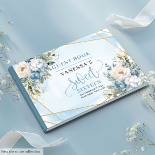 Unique Dusty Blue White Gold Flowers Sweet Sixteen Guest Book