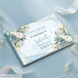 Unique Dusty Blue White Gold Flowers Sweet Sixteen Guest Book