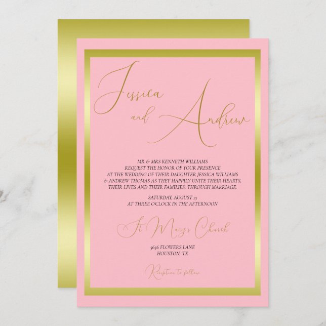 Unique Dusty Pink & Gold Wedding Invitation (Front/Back)