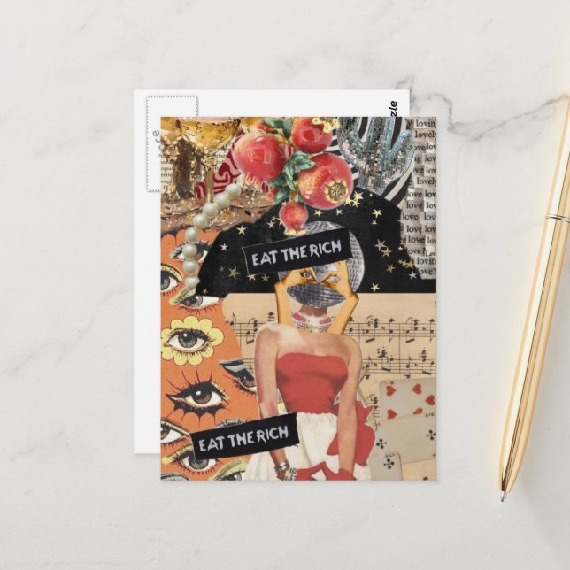 Unique Eat the Rich Mixed Media Collage Postcard (Front/Back In Situ)