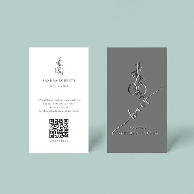 Unique Elegant Floral Scissors Logo QR Code Business Card (Creator Uploaded)
