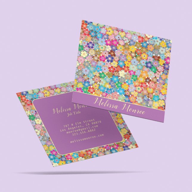 Unique Elegant Flowers Purple gold Typography Square Business Card (Creator Uploaded)