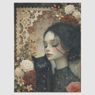 Unique Elegant Girl & Black Cat Floral Garden  Tissue Paper