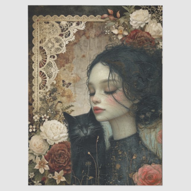 Unique Elegant Girl & Black Cat Floral Garden  Tissue Paper (Front)