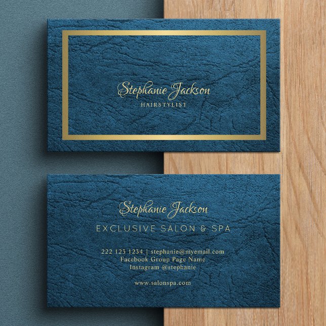 Unique elegant gold metallic frame blue leather business card (Creator Uploaded)
