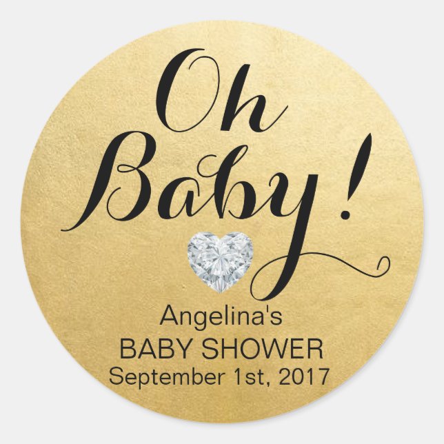 Unique Elegant OH BABY! Faux Gold Foil Baby Shower Classic Round Sticker (Front)