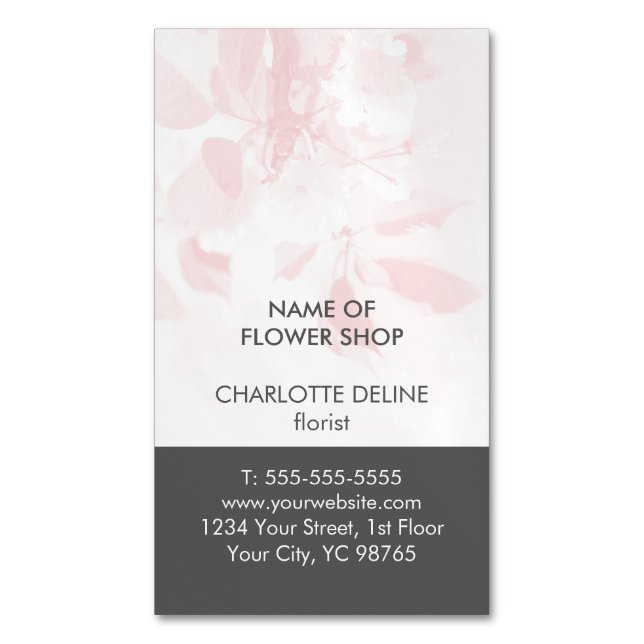 Unique Elegant Pale Pink Grey Floral Florist Magnetic Business Card (Front Vertical)