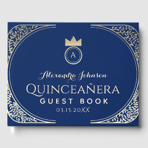 Unique Elegant Qiunceanera Royal Blue Gold Floral Guest Book