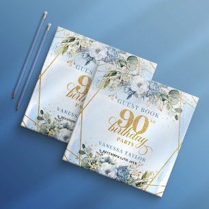 Unique Elegant Script Dusty Blue 90th Birthday Guest Book