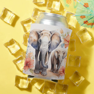 Unique Elephant Mother and Child Floral Watercolor Can Cooler