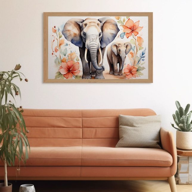 Unique Elephant Mother and Child Floral Watercolor Poster (Creator Uploaded)